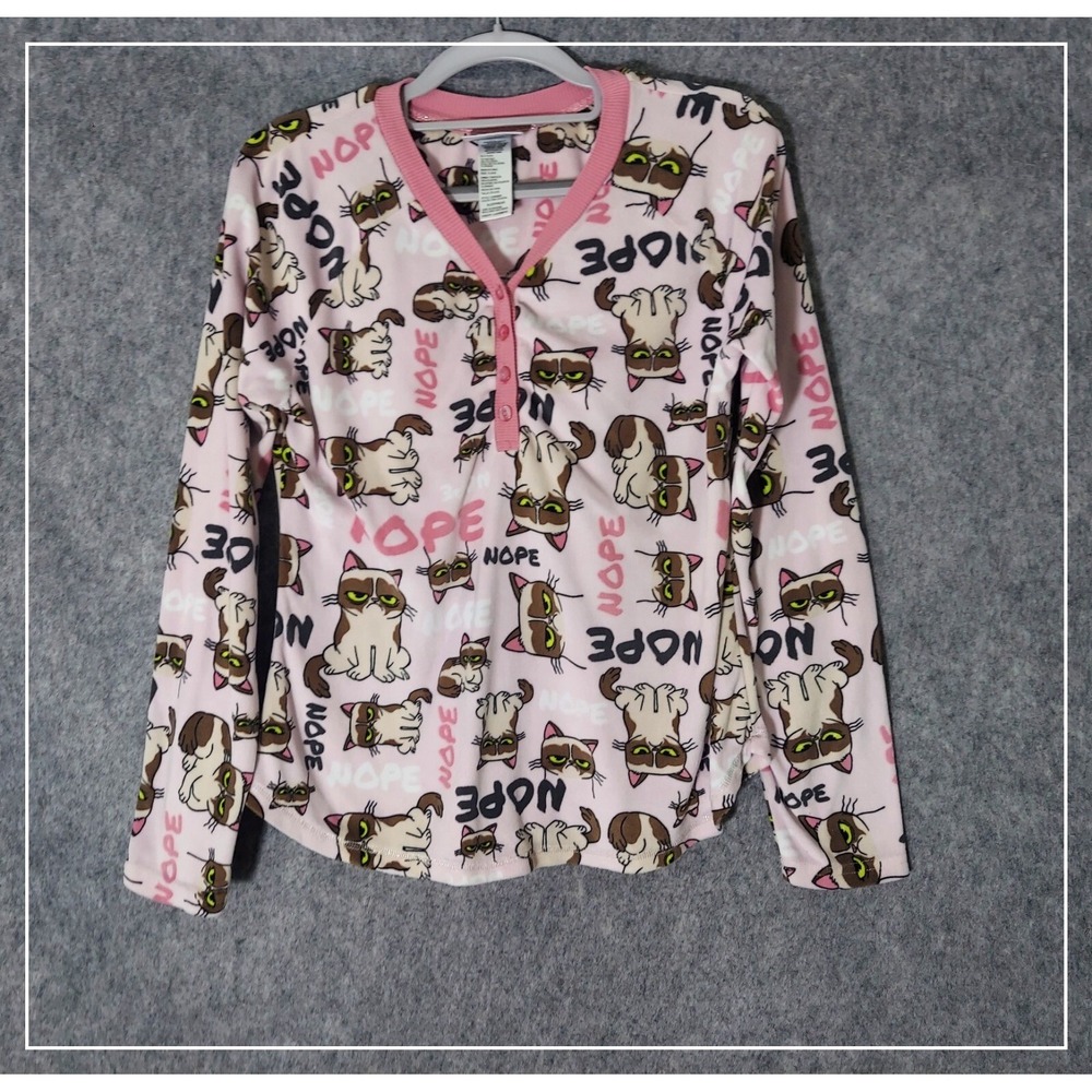 Grumpy Cat Pink Crystal Nope‎ Fleece Pajama Top Small S 4-6 Henley Long Sleeve